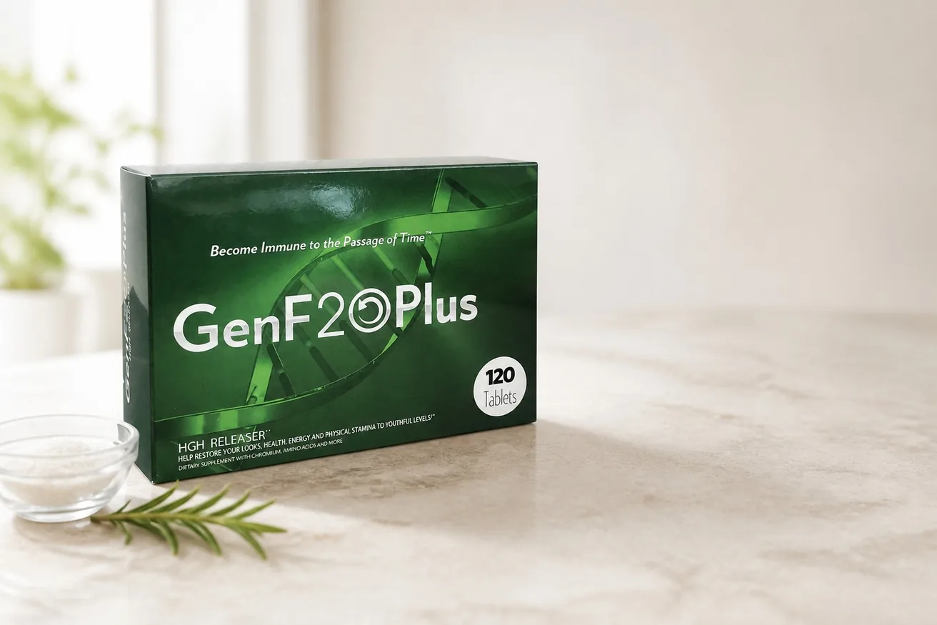 A box of GenF20 Plus on a light stone surface, next to a small bowl of amino acid crystals and a sprig of herb